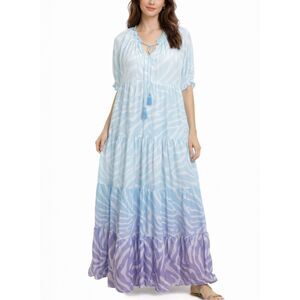 Oliphant Zebra Ombre Maxi Dress Size Small Blue Ruffle Tiered Cotton Silk